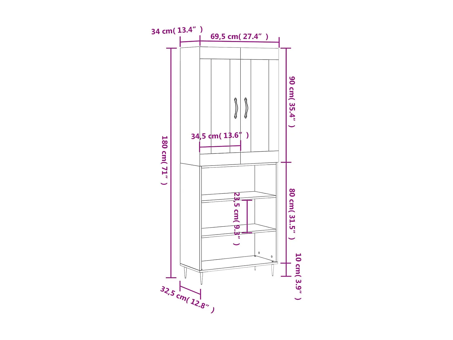 Highboard Schwarz 69,5x34x180 cm Holzwerkstoff
