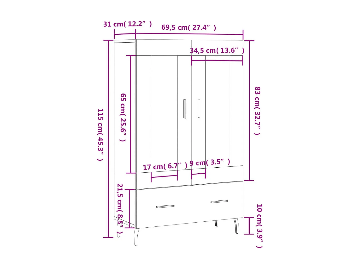 Buffet haut chêne sonoma 69,5x31x115 cm bois d'ingénierie