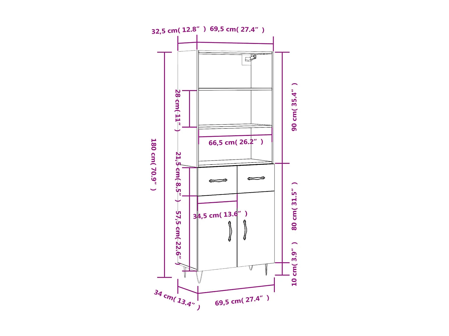 Buffet haut Gris béton 69,5x34x180 cm Bois d'ingénierie