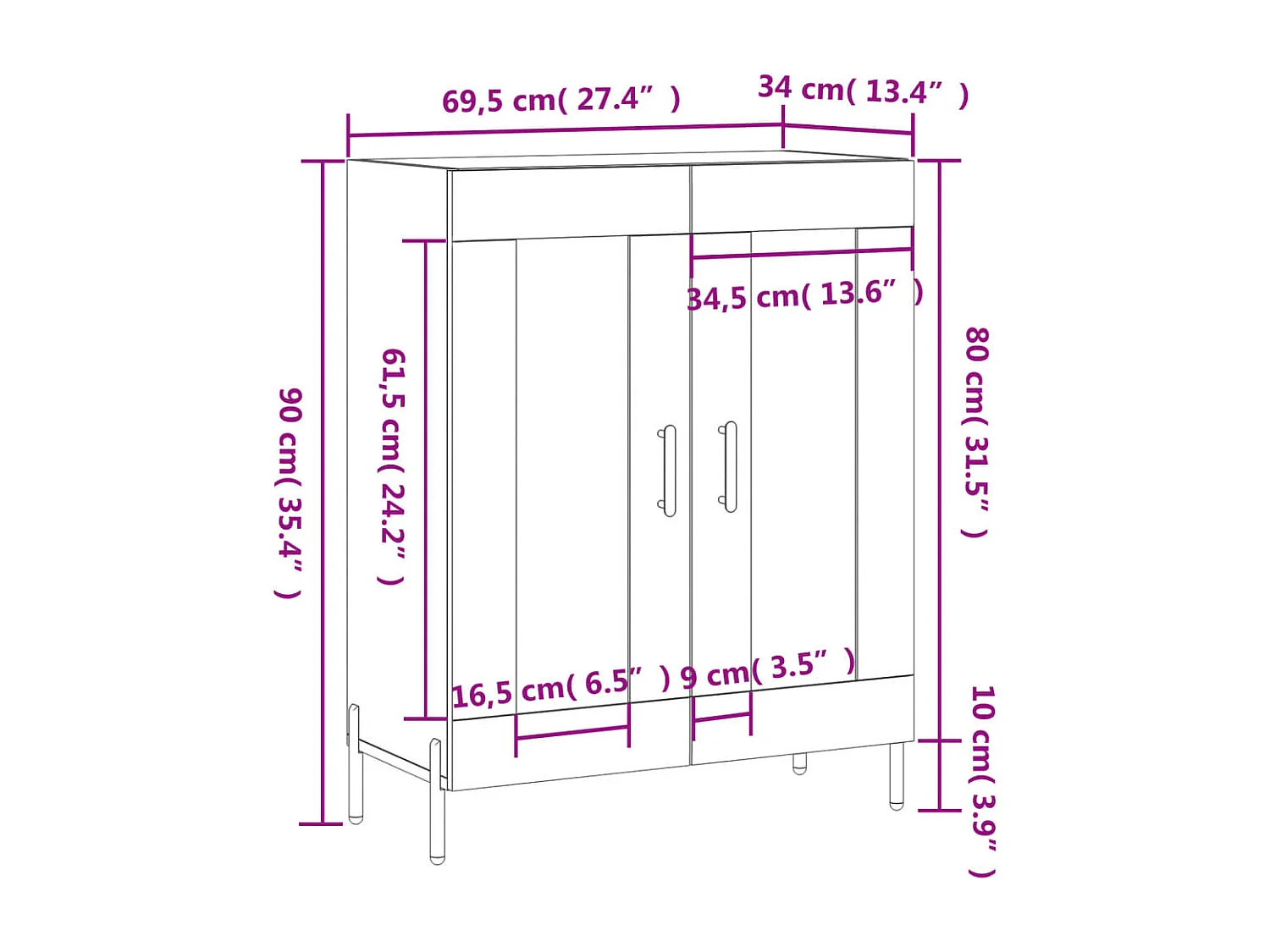 Dressoir 69,5x34x90 cm bewerkt hout wit