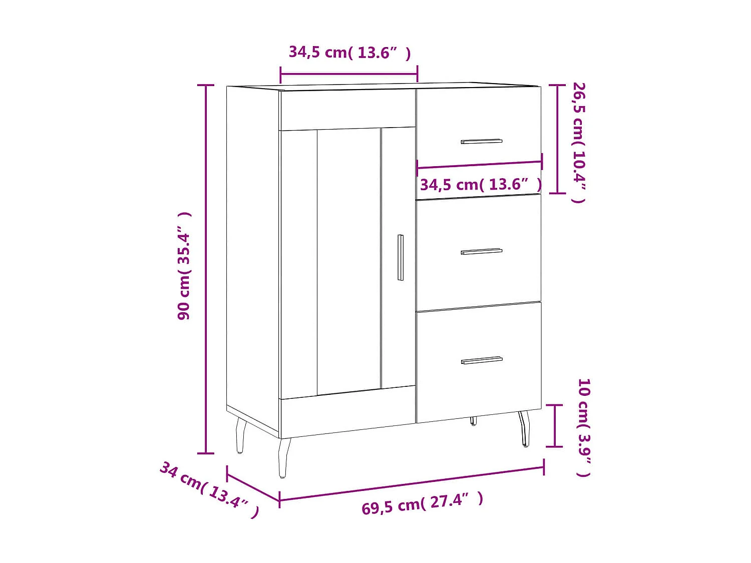 Dressoir 69,5x34x90 cm bewerkt hout hoogglans wit