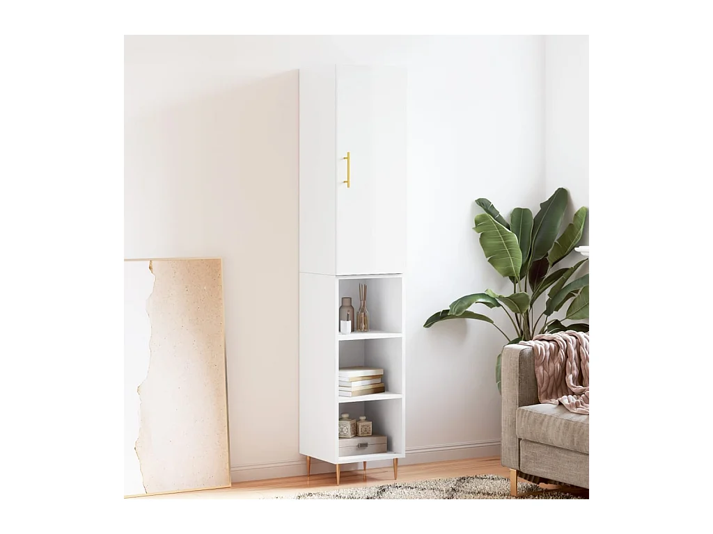 Buffet haut Blanc brillant 34,5x34x180 cm Bois d'ingénierie