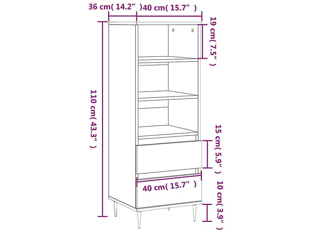 Hoge kast 40x36x110 cm bewerkt hout wit