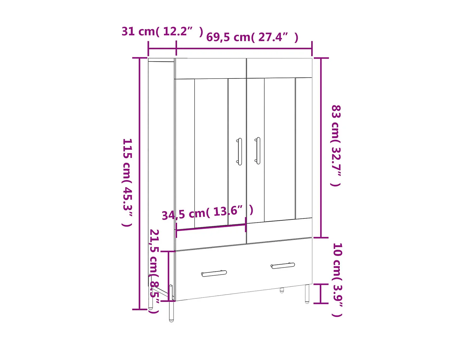 Buffet haut blanc 69,5x31x115 cm bois d'ingénierie