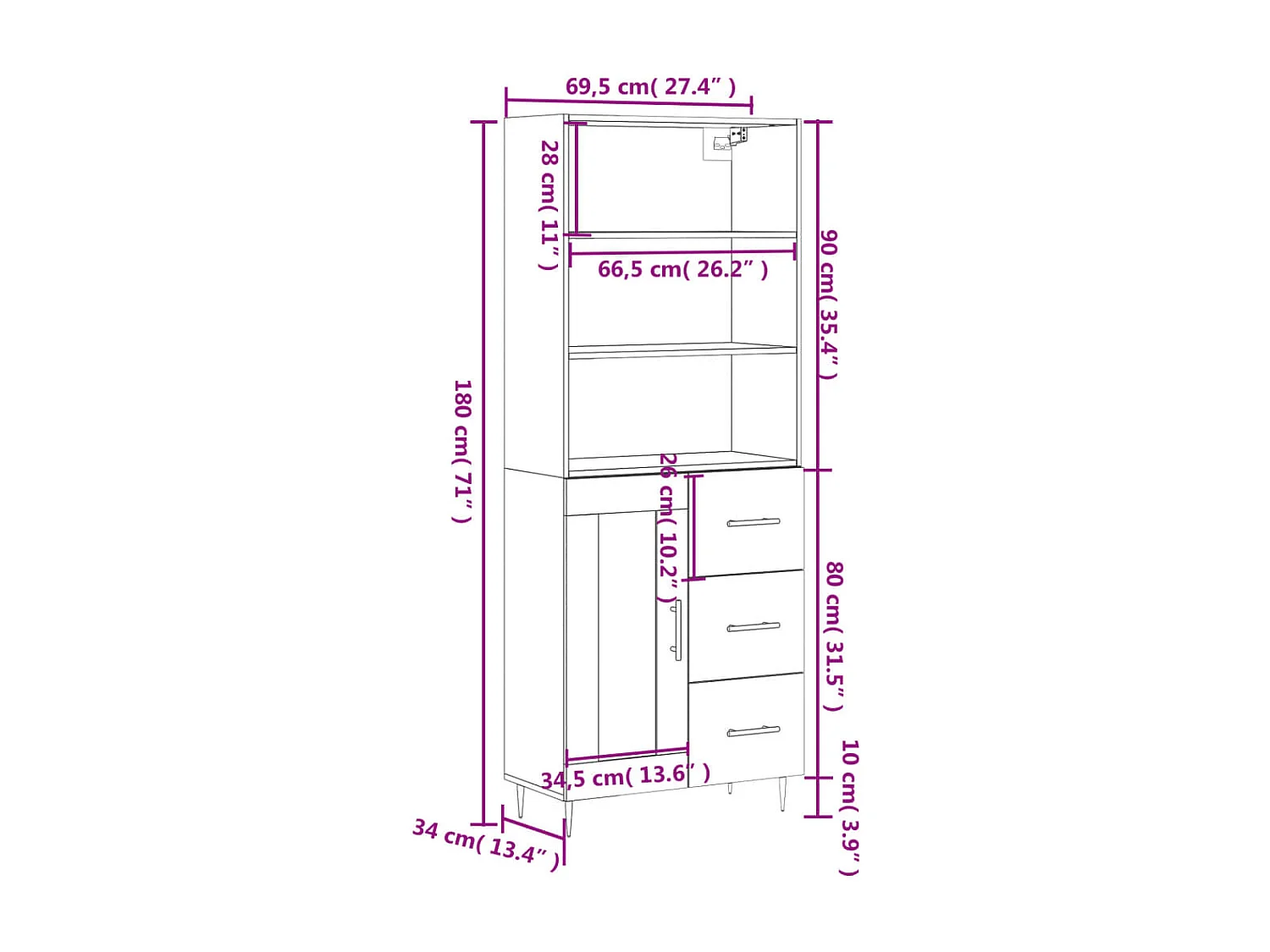 Aparador alto madera contrachapada gris hormigón 69,5x34x180 cm