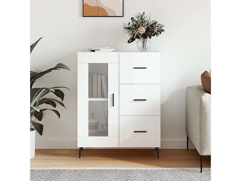 Aparador de madera contrachapada blanco brillante 69,5x34x90 cm