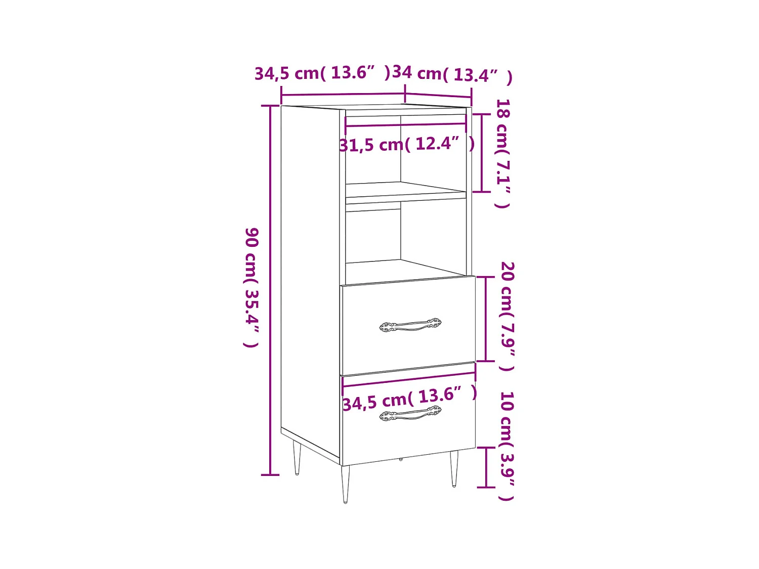 Credenza Bianco Lucido 34,5x34x90 cm in Legno Multistrato
