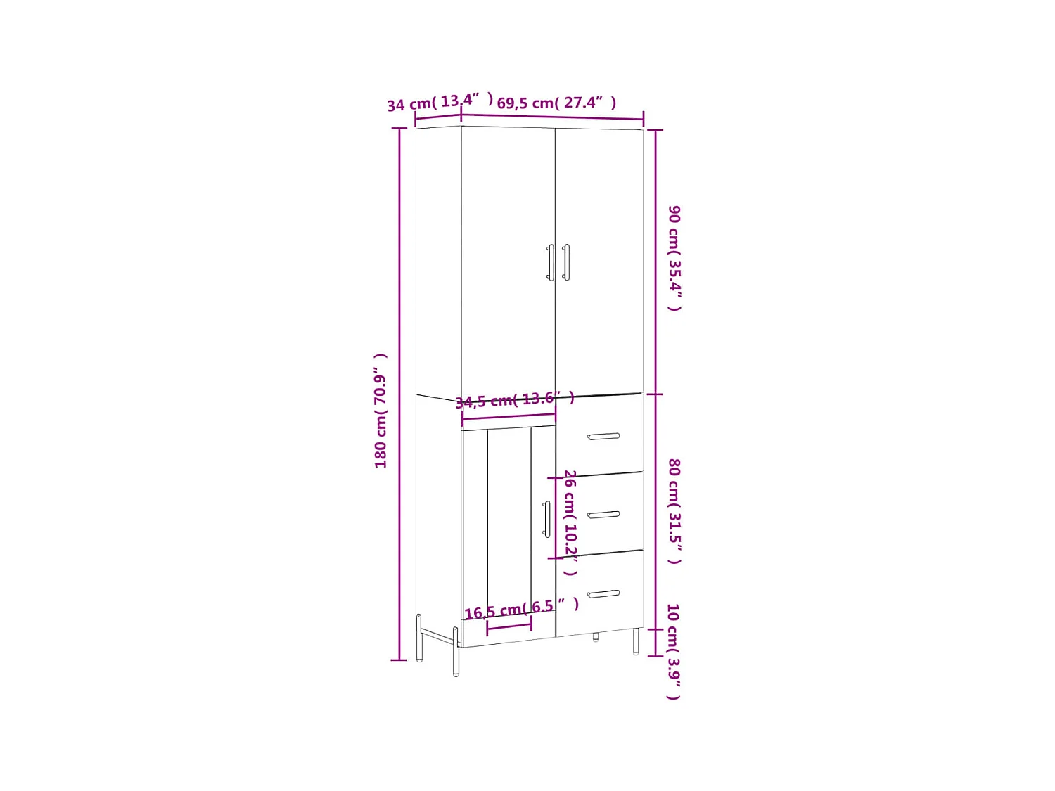 Highboard Betongrau 69,5x34x180 cm Holzwerkstoff