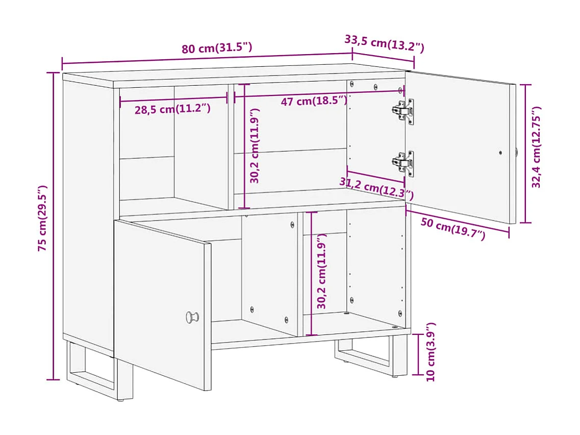 Credenza Marrone e Nera 80x33,5x75cm in Legno Massello di Mango