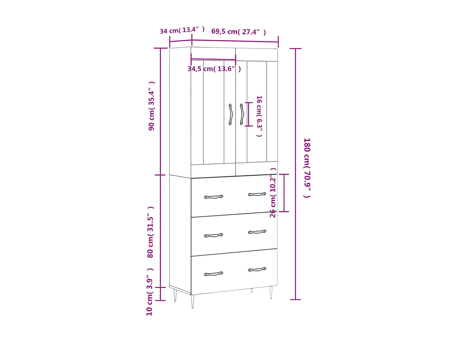 Credenza Rovere Fumo  69,5x34x180 cm in Legno Multistrato