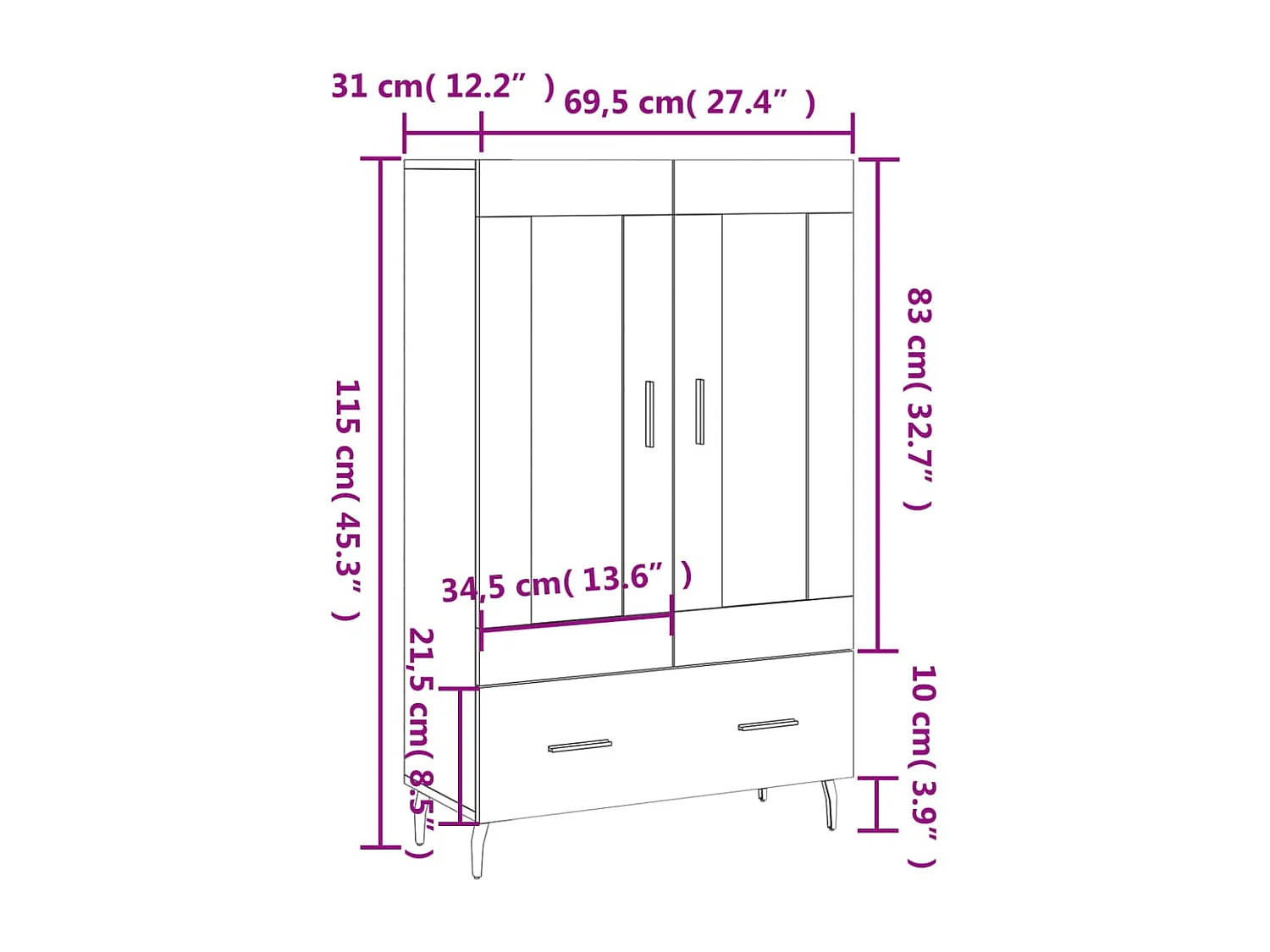 Hoge kast 69,5x31x115 cm bewerkt hout gerookt eikenkleurig