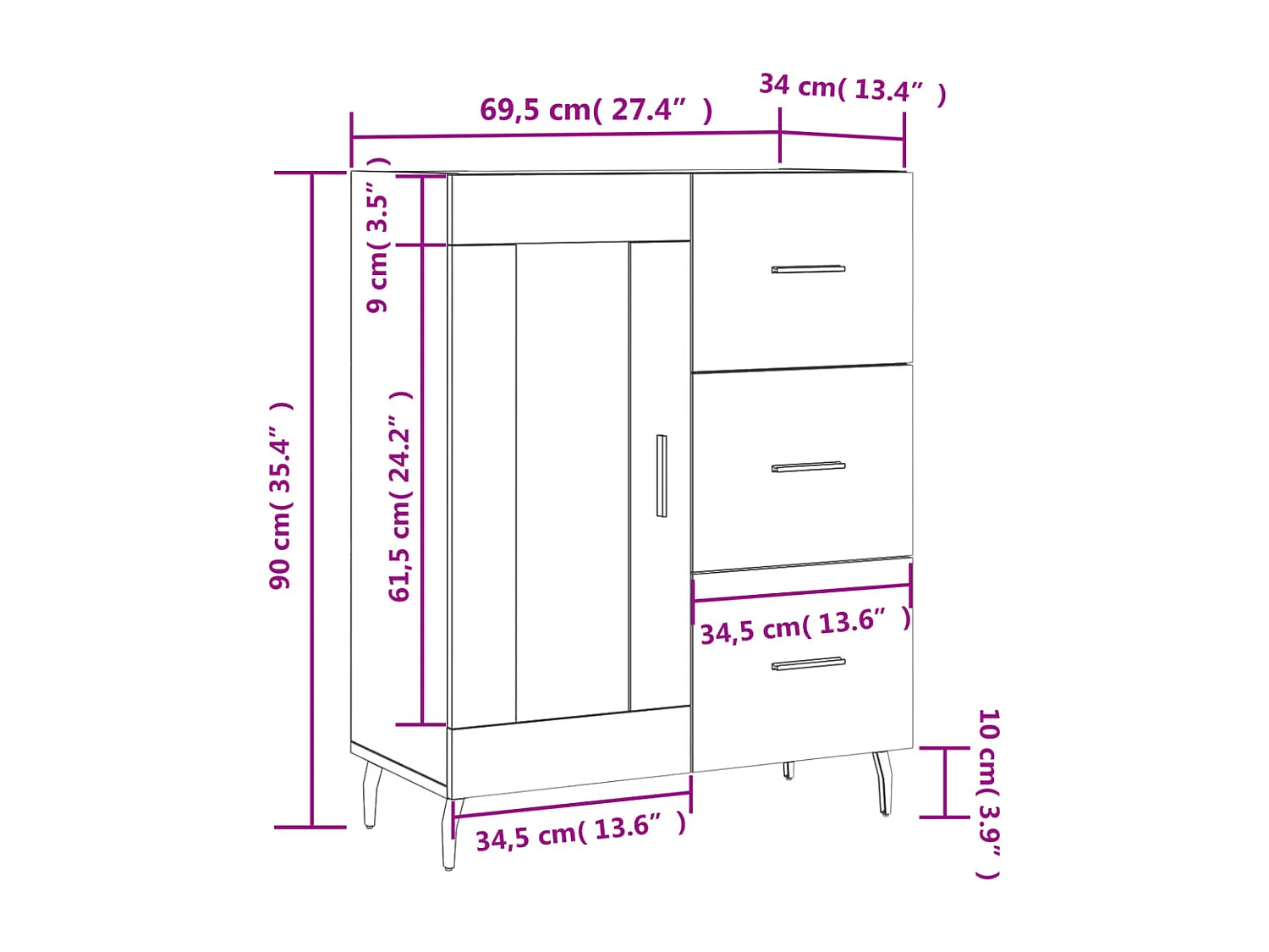 Dressoir 69,5x34x90 cm bewerkt hout zwart