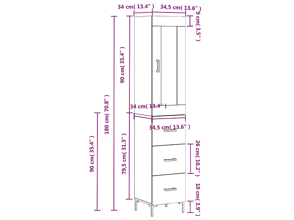 Credenza Rovere Fumo 34,5x34x180 cm in Legno Multistrato