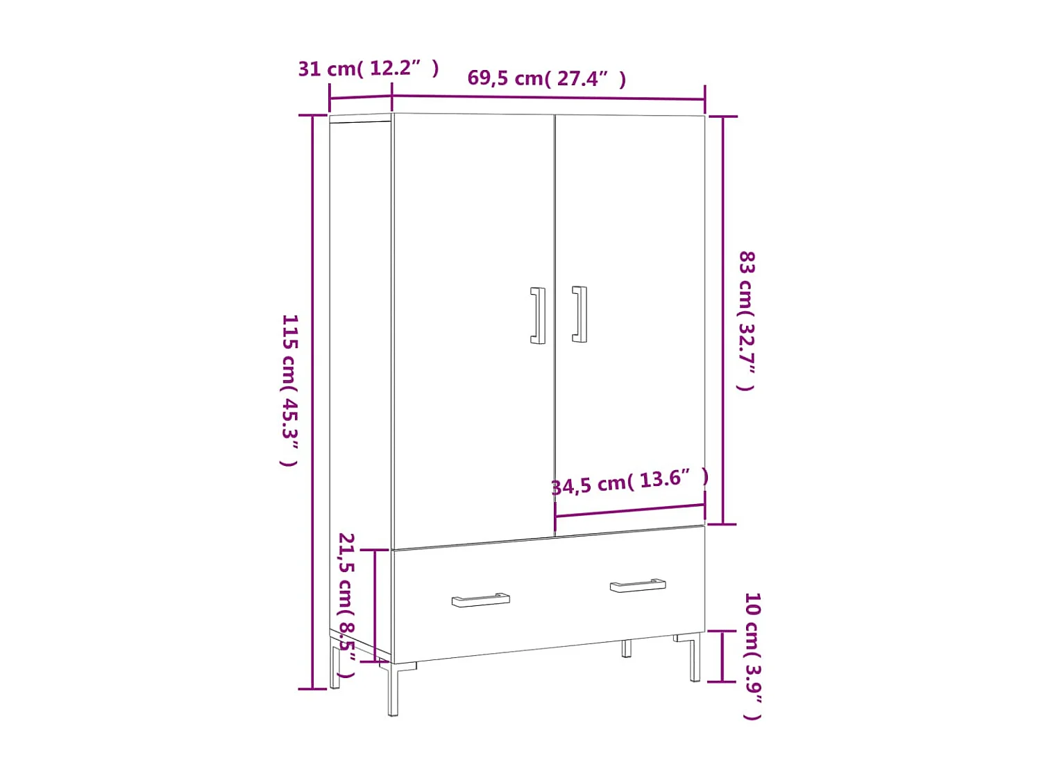 Buffet haut gris béton 69,5x31x115 cm bois d'ingénierie