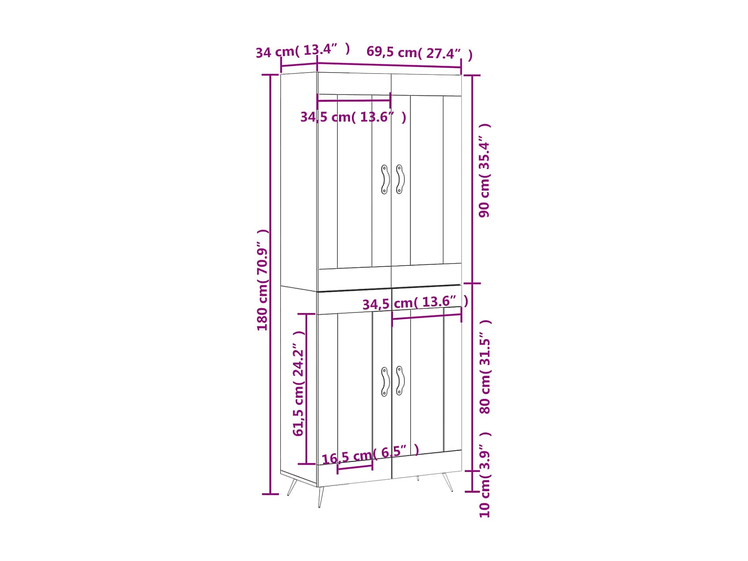 Buffet haut Gris béton 69,5x34x180 cm Bois d'ingénierie
