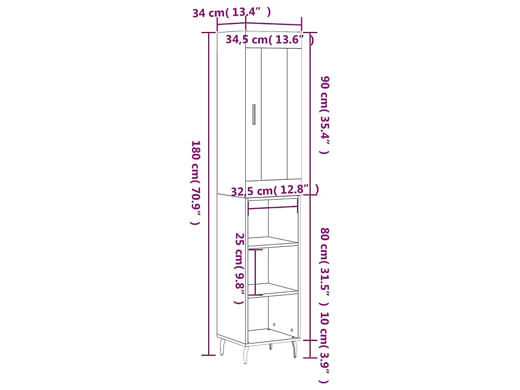 Buffet haut Gris béton 34,5x34x180 cm Bois d'ingénierie