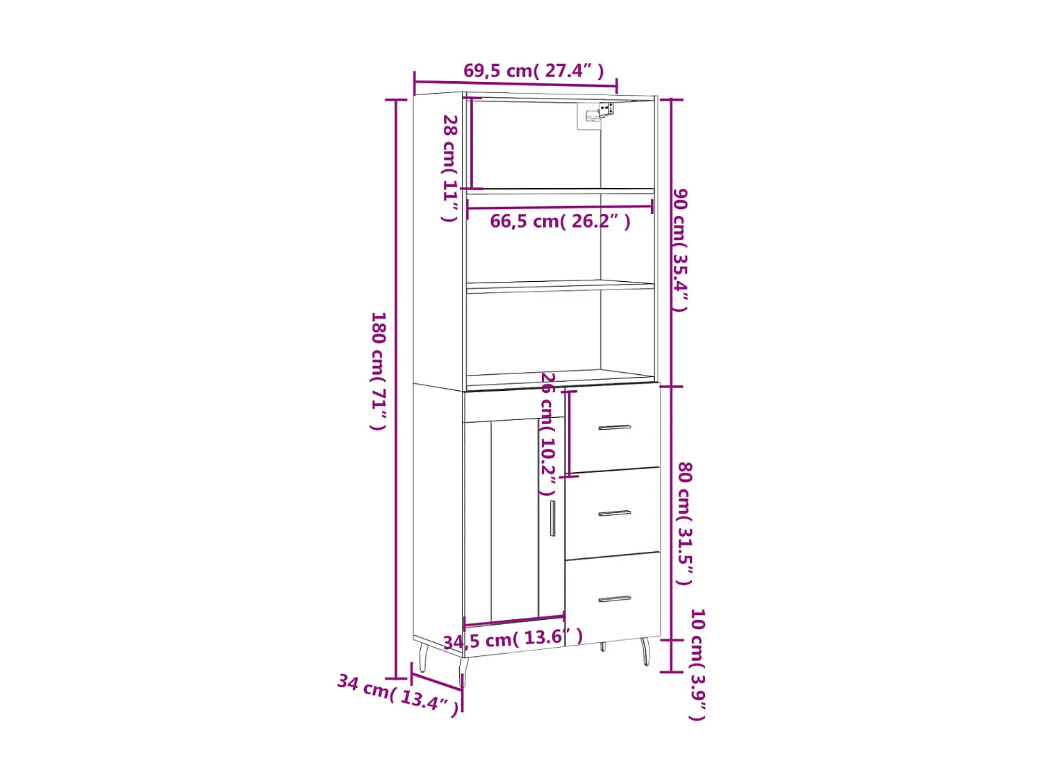 Armário alto 69,5x34x180cm madeira processada carvalho castanho