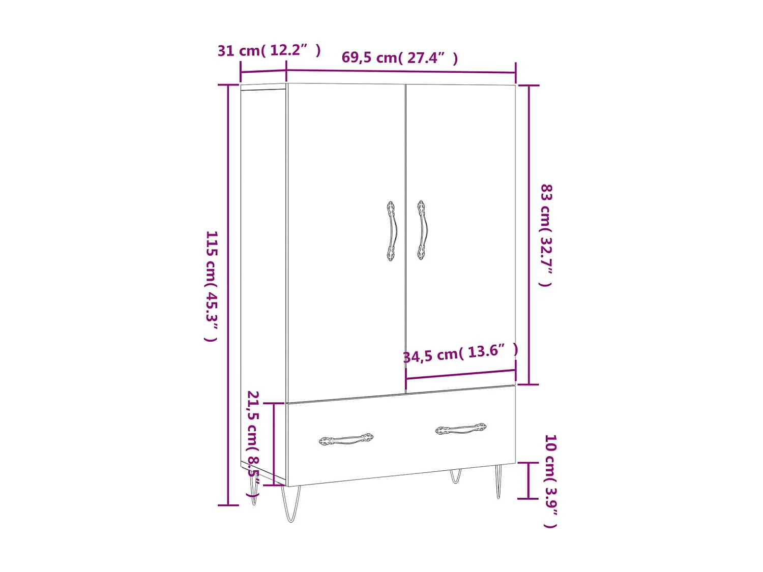 Buffet haut blanc 69,5x31x115 cm bois d'ingénierie