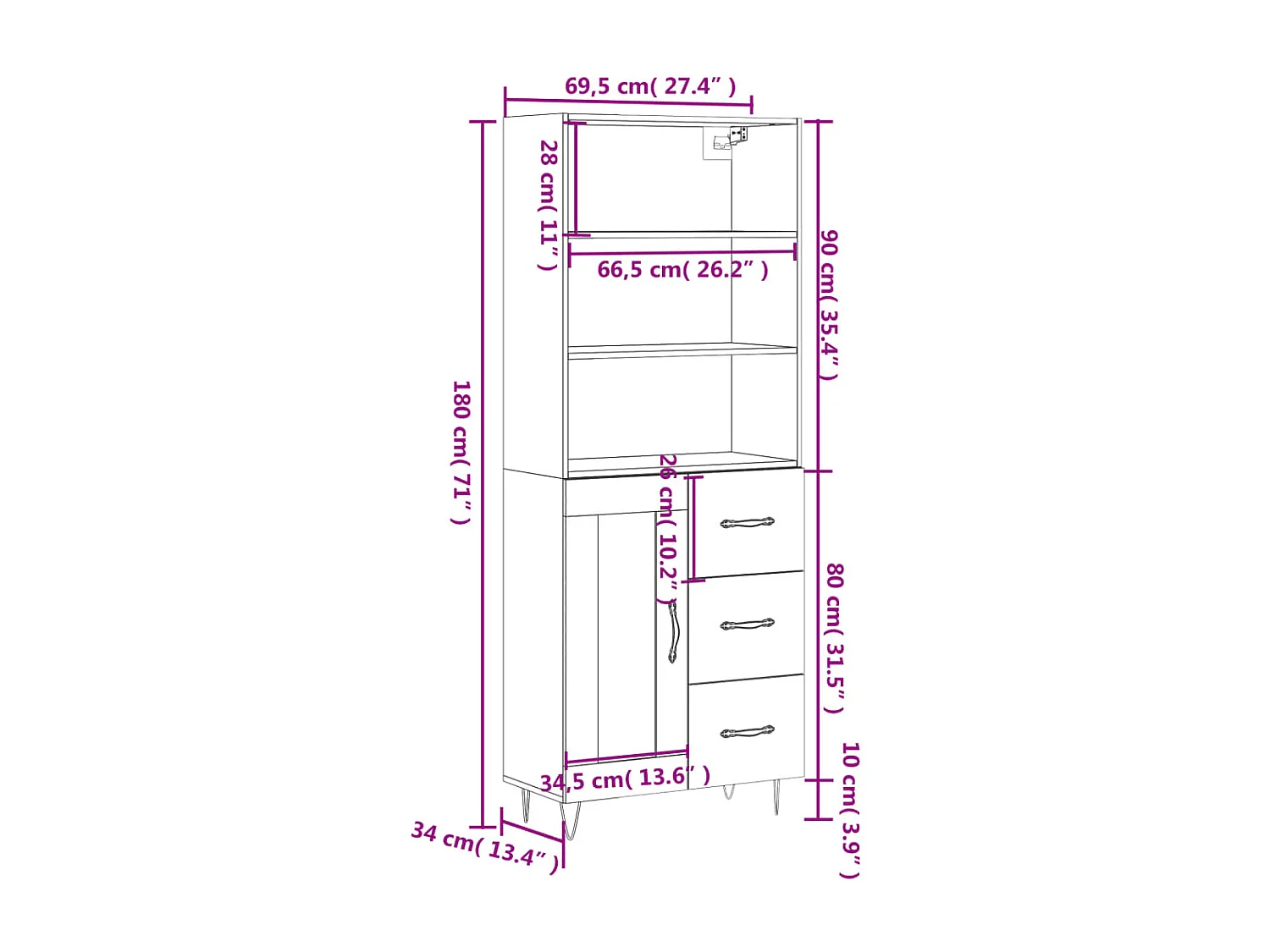 Highboard Sonoma-Eiche 69,5x34x180 cm Holzwerkstoff