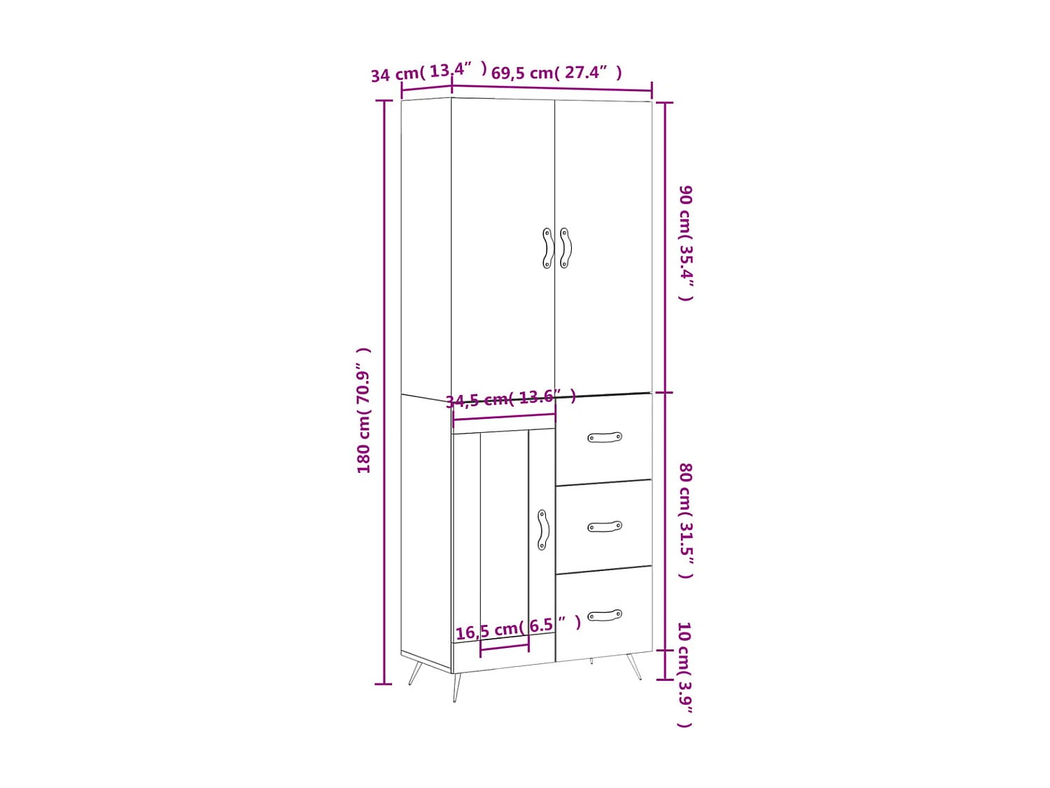 Buffet haut Gris béton 69,5x34x180 cm Bois d'ingénierie
