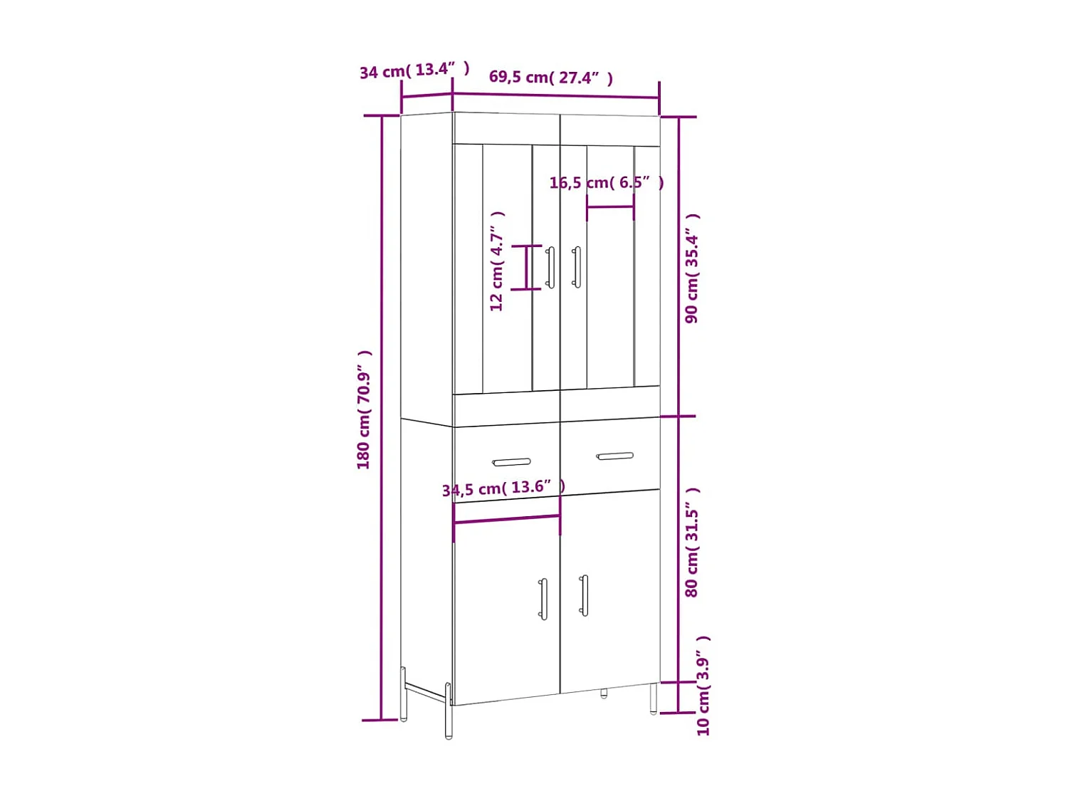 Buffet haut Gris béton 69,5x34x180 cm Bois d'ingénierie