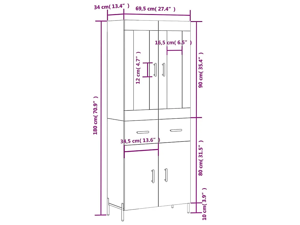 Hoge kast 69,5x34x180 cm bewerkt hout betongrijs