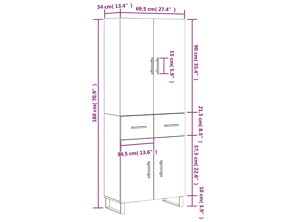 Highboard Weiß 69,5x34x180 cm Holzwerkstoff