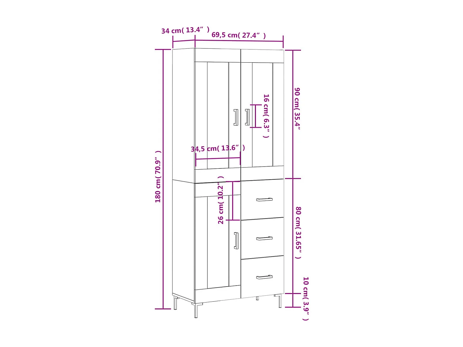 Highboard Sonoma-Eiche 69,5x34x180 cm Holzwerkstoff