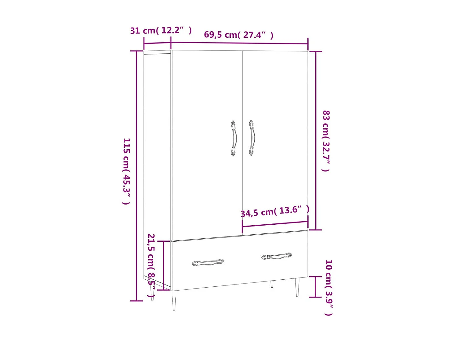 Buffet haut blanc 69,5x31x115 cm bois d'ingénierie