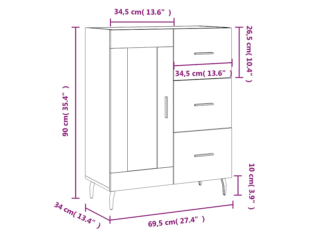 Dressoir 69,5x34x90 cm bewerkt hout betongrijs