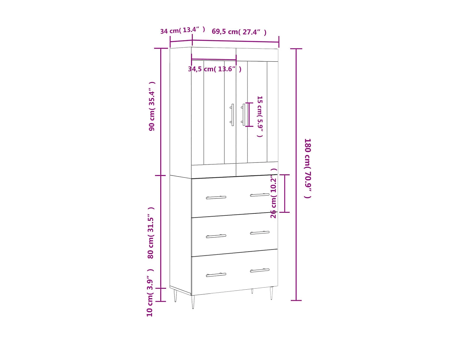 Buffet haut Sonoma gris 69,5x34x180 cm Bois d'ingénierie