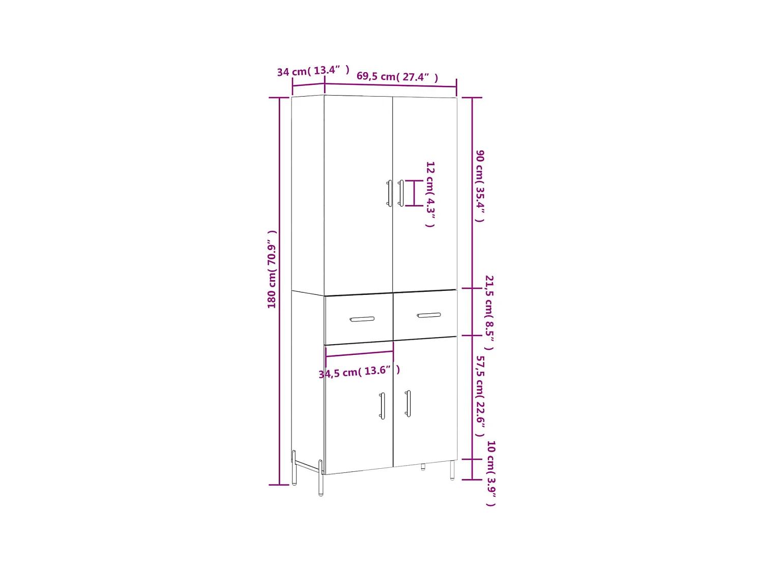 Buffet haut Sonoma gris 69,5x34x180 cm Bois d'ingénierie