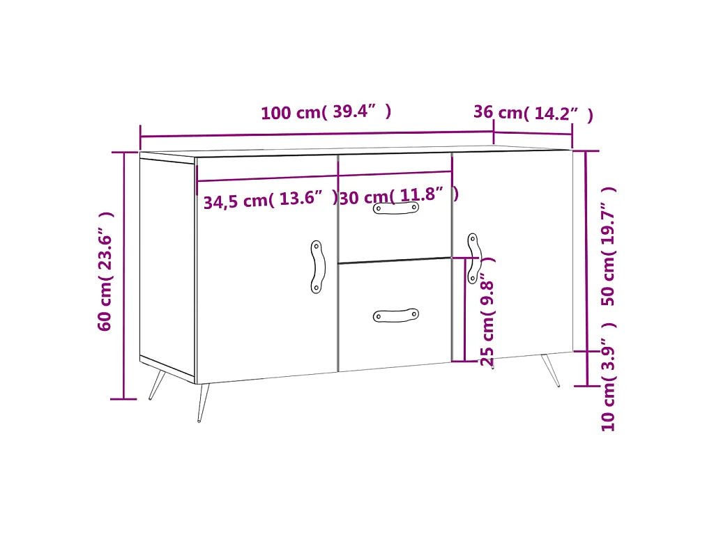 Dressoir 100x36x60 cm bewerkt hout hoogglans wit