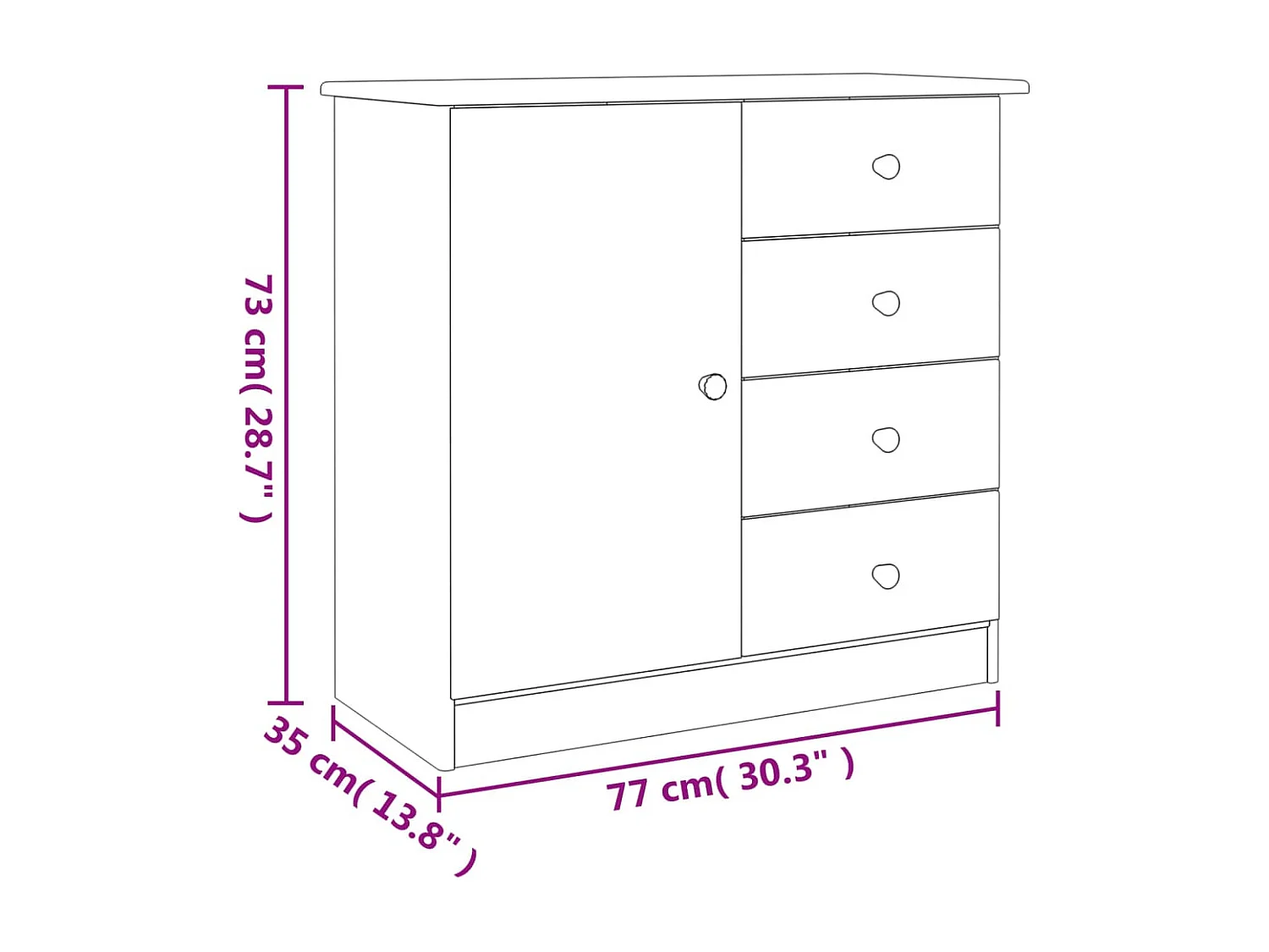 Credenza ALTA Bianca 77x35x73 cm in Legno Massello di Pino