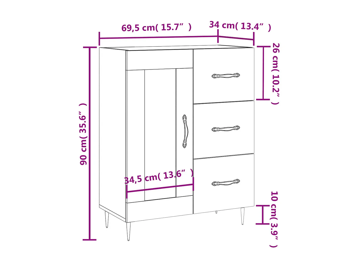 Dressoir 69,5x34x90 cm bewerkt hout hoogglans wit
