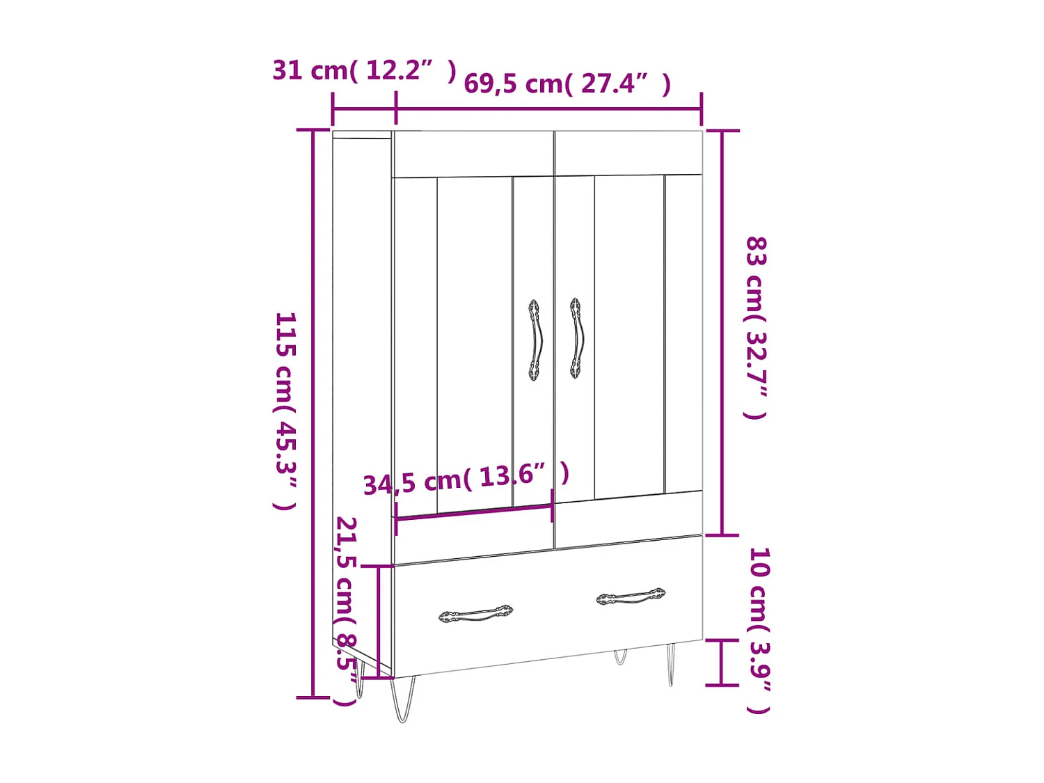 Buffet haut chêne marron 69,5x31x115 cm bois d'ingénierie