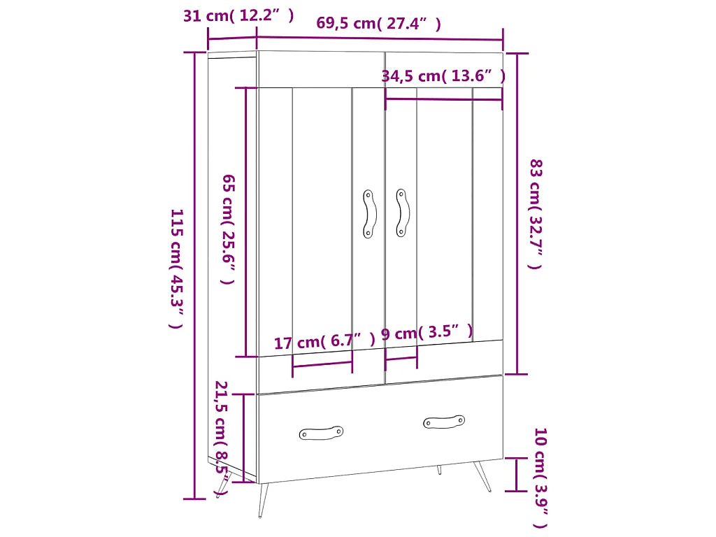 Buffet haut gris béton 69,5x31x115 cm bois d'ingénierie