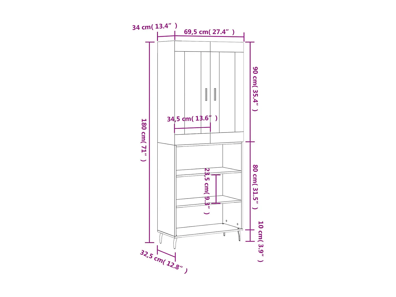 Buffet haut Gris béton 69,5x34x180 cm Bois d'ingénierie