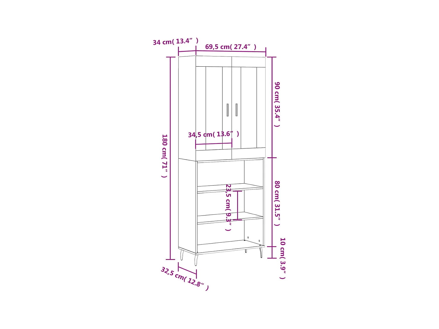Highboard Betongrau 69,5x34x180 cm Holzwerkstoff