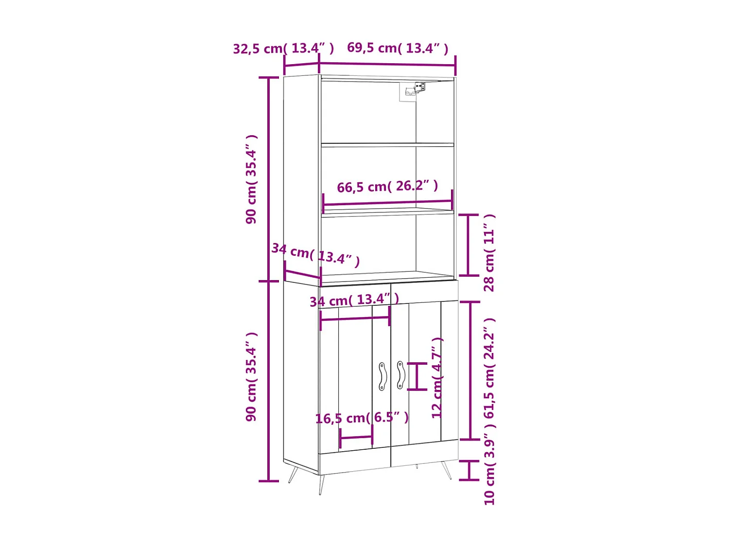 Buffet haut Noir 69,5x34x180 cm Bois d'ingénierie