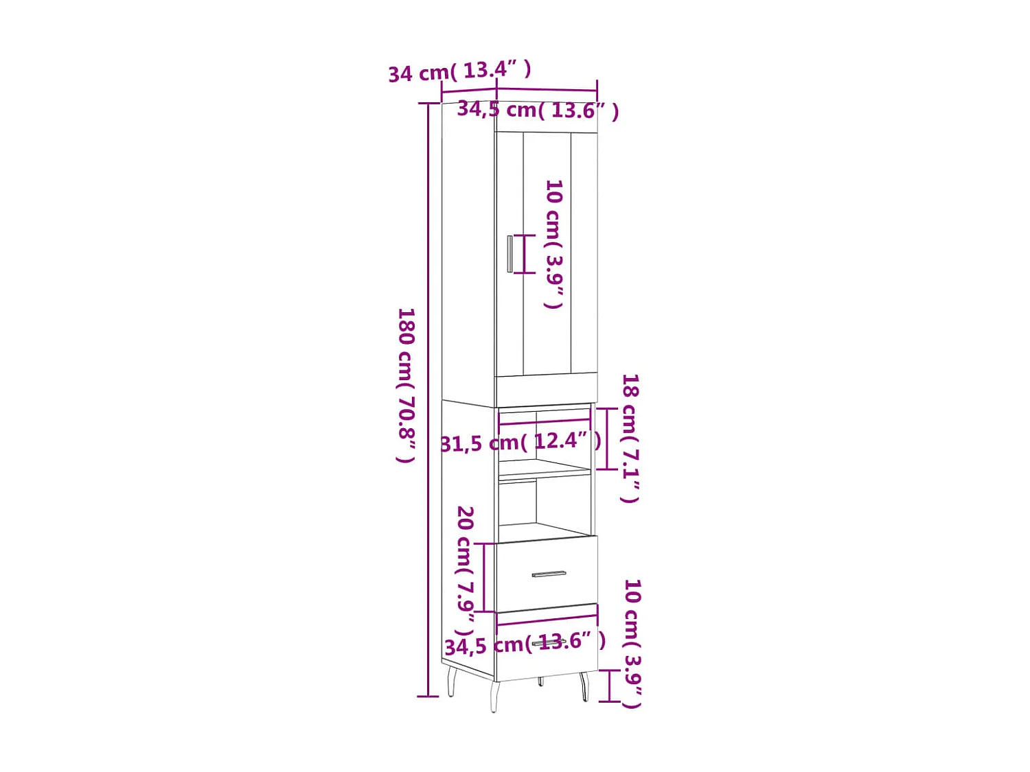 Hoge kast 34,5x34x180 cm bewerkt hout grijs sonoma eikenkleurig