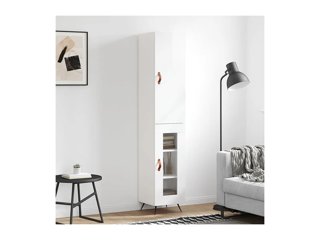 Buffet haut Blanc brillant 34,5x34x180 cm Bois d'ingénierie