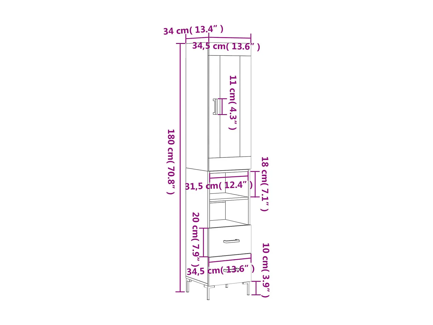 Buffet haut Noir 34,5x34x180 cm Bois d'ingénierie