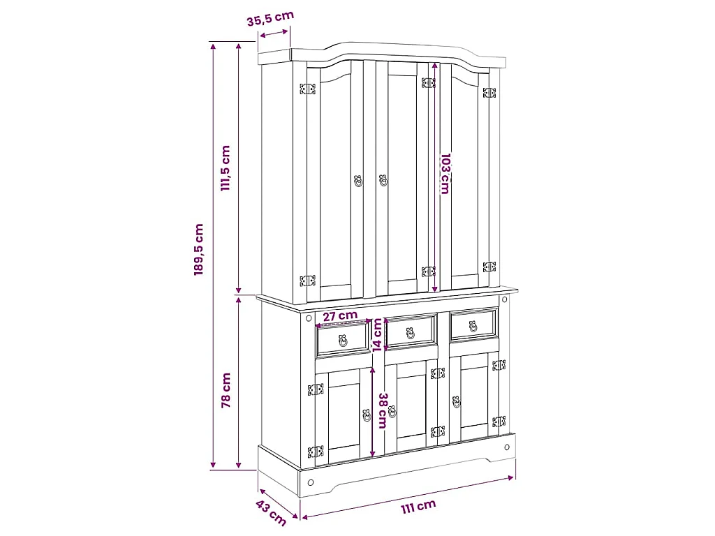 Buffet haut Corona blanc 112x43x191,5 cm bois massif pin mexicain