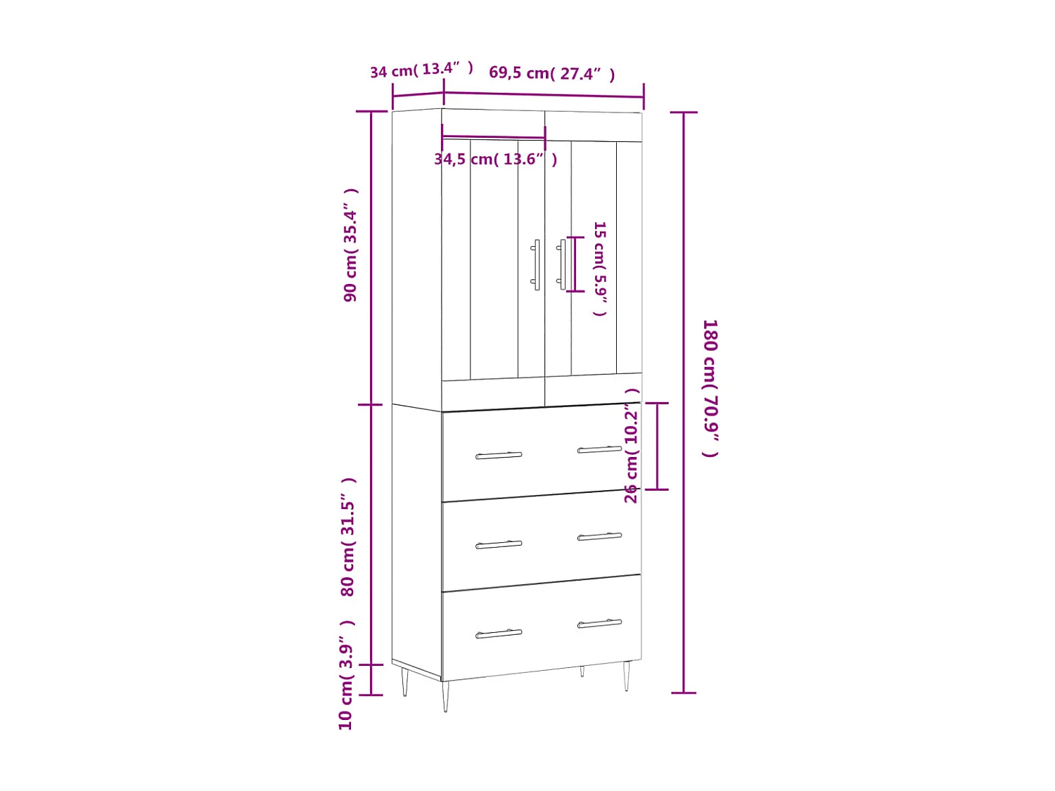 Highboard Betongrau 69,5x34x180 cm Holzwerkstoff