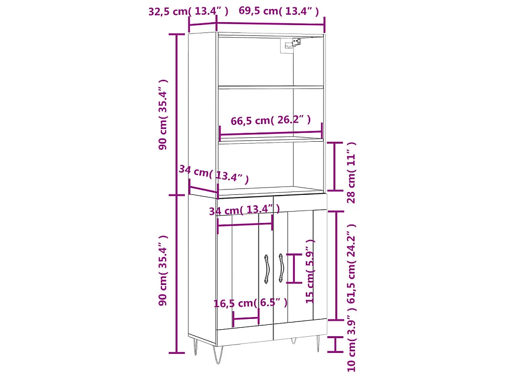 Highboard Grau Sonoma 69,5x34x180 cm Holzwerkstoff