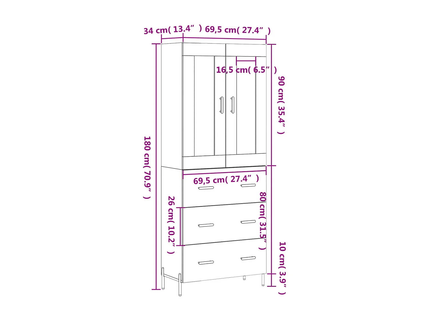 Buffet haut Blanc 69,5x34x180 cm Bois d'ingénierie