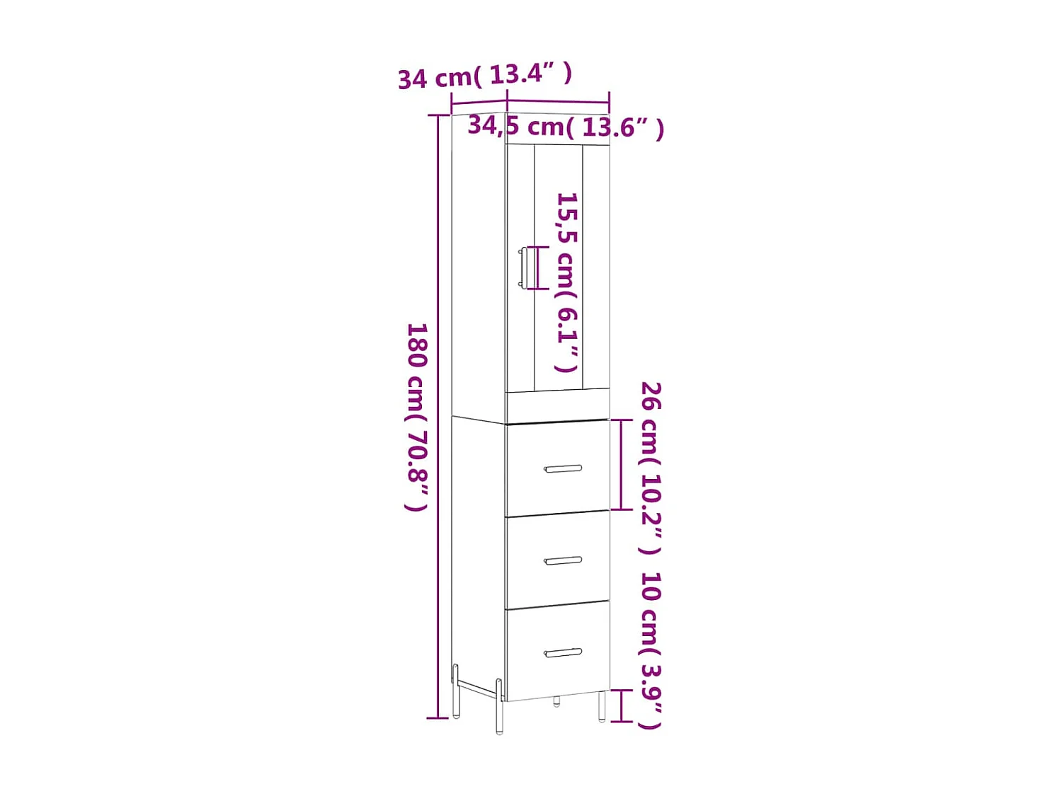 Buffet haut Gris béton 34,5x34x180 cm Bois d'ingénierie