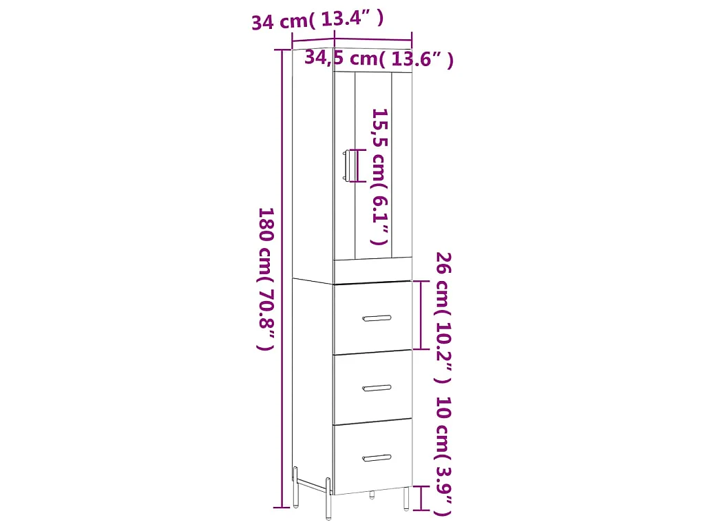 Hoge kast 34,5x34x180 cm bewerkt hout betongrijs