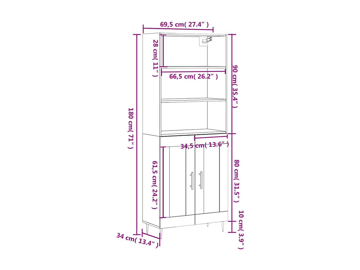 Hoge kast 69,5x34x180 cm bewerkt hout wit